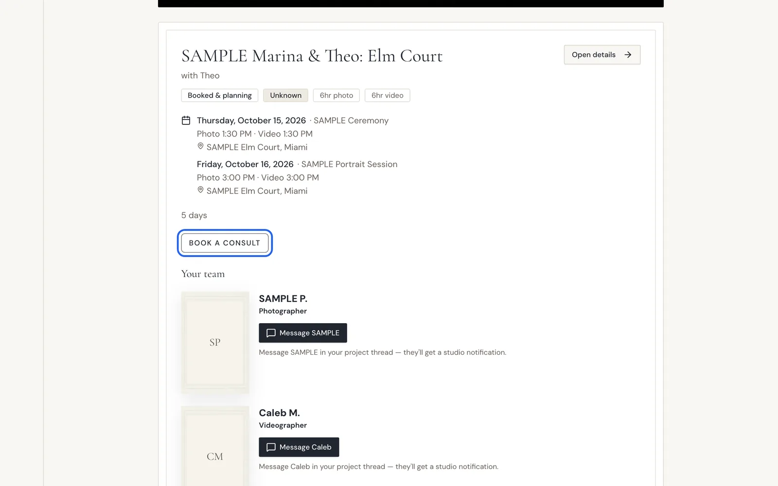 The client portal Home page with the consultation booking button highlighted on the event card