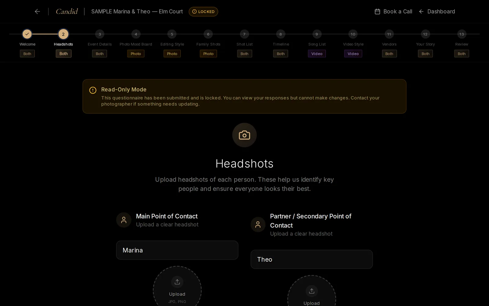 The Questionnaire page showing all 13 sections listed down the side and the Headshots section content in Read-Only Mode