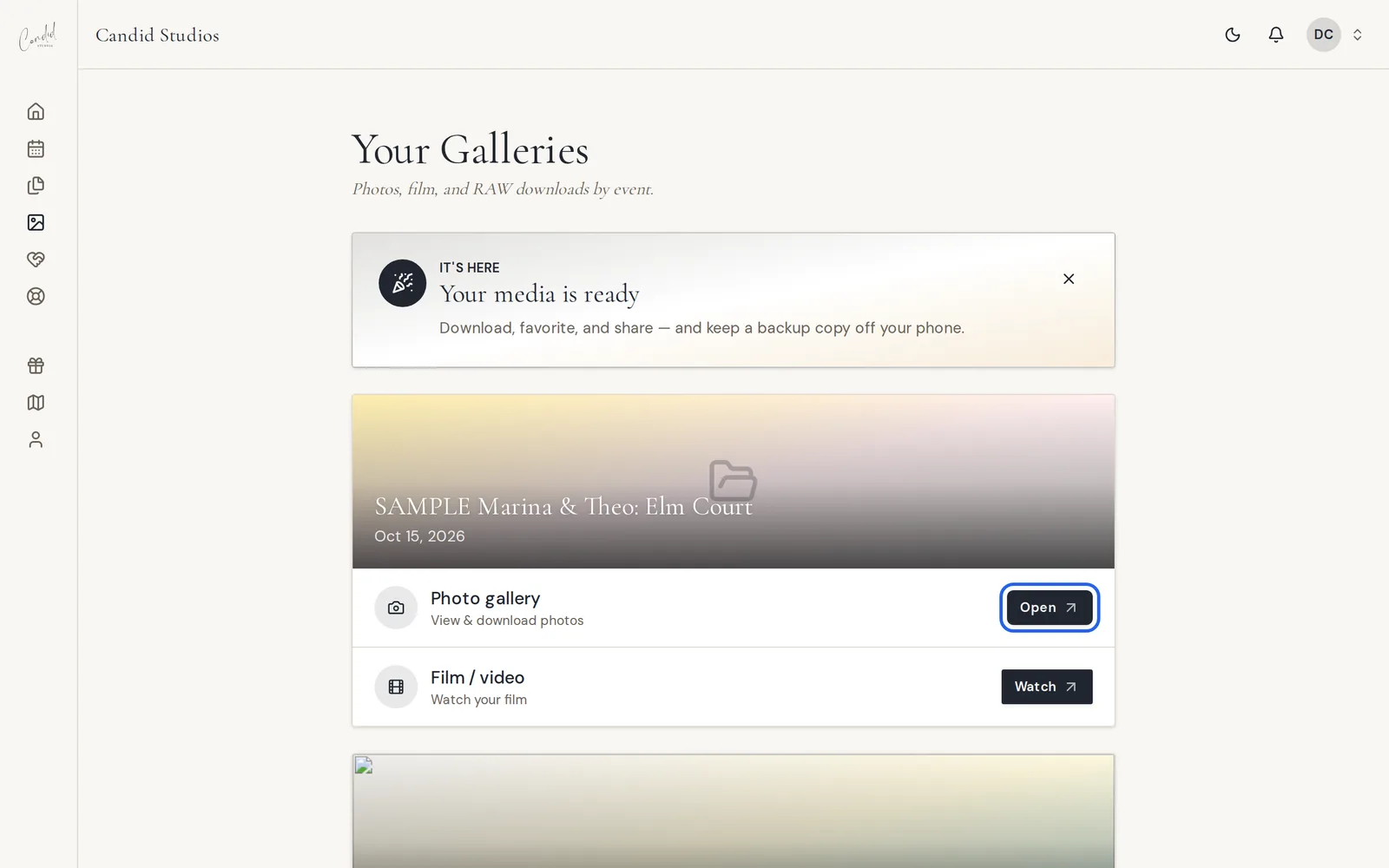The Your Galleries page in the Candid Studios client portal, with the Open button for the photo gallery highlighted