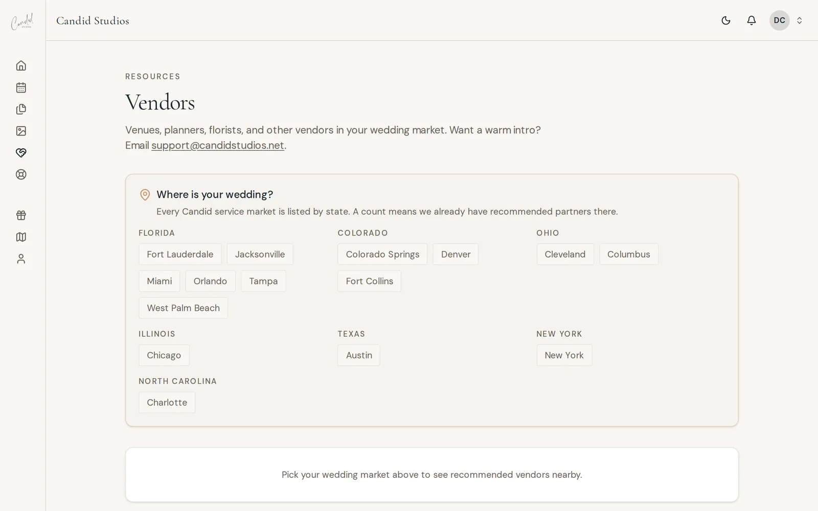 The Vendors page showing a list of states and cities like Florida, Colorado and New York grouped by state
