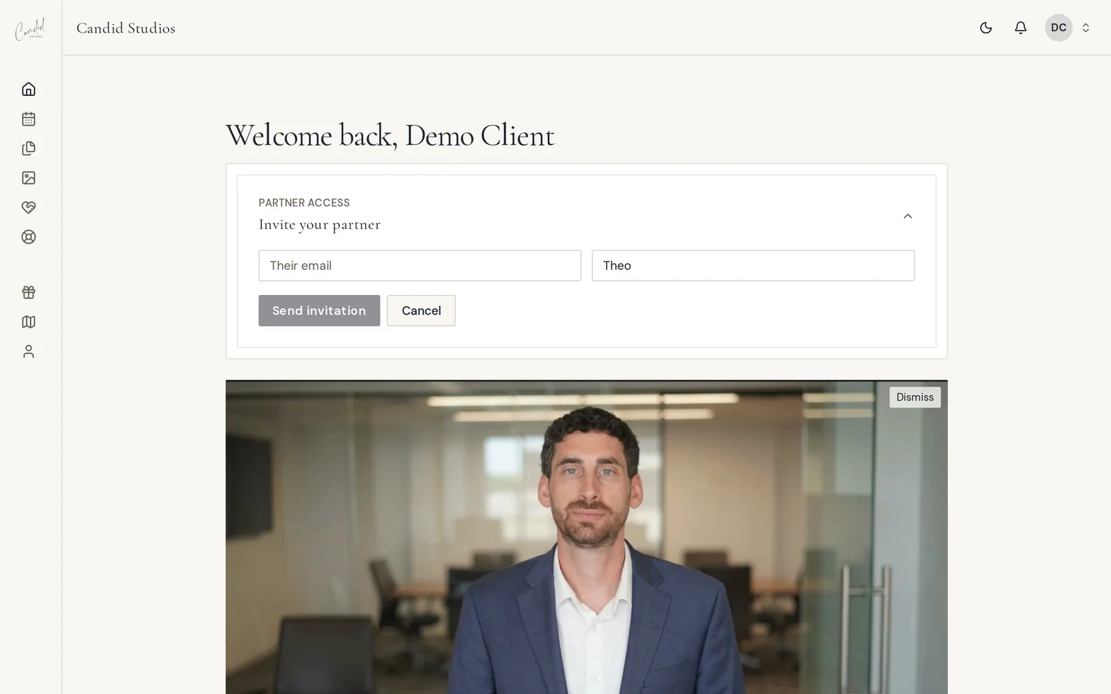 The Invite your partner form with an email field, a first name field and the Send invitation button