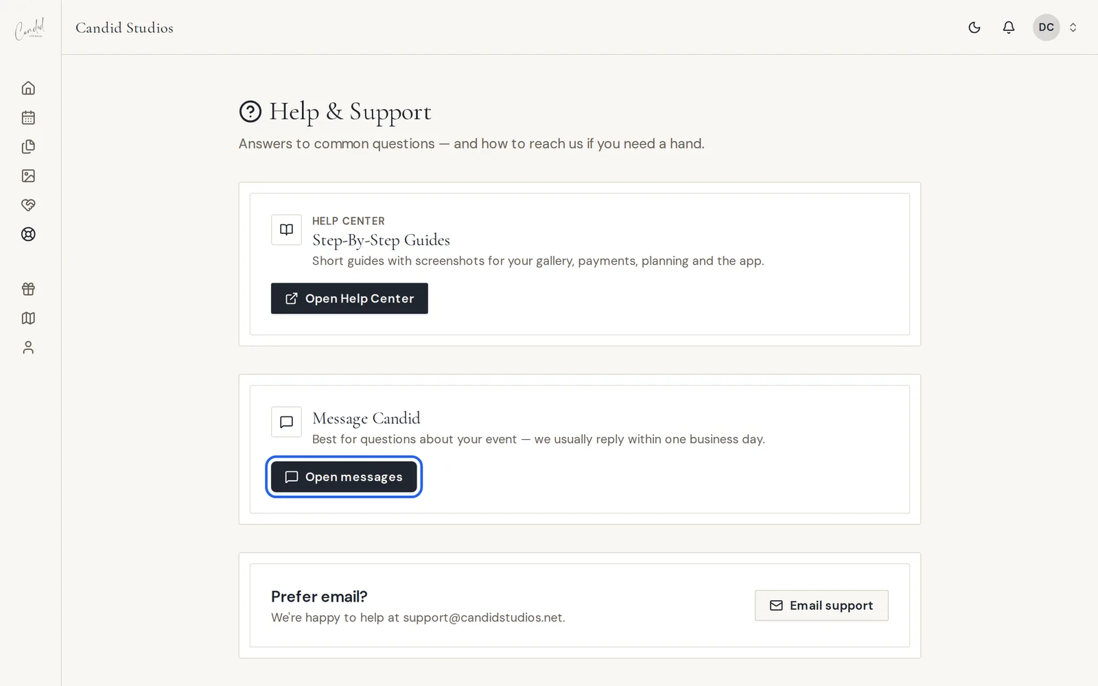 The Help & Support page in the client portal with the Open messages button highlighted