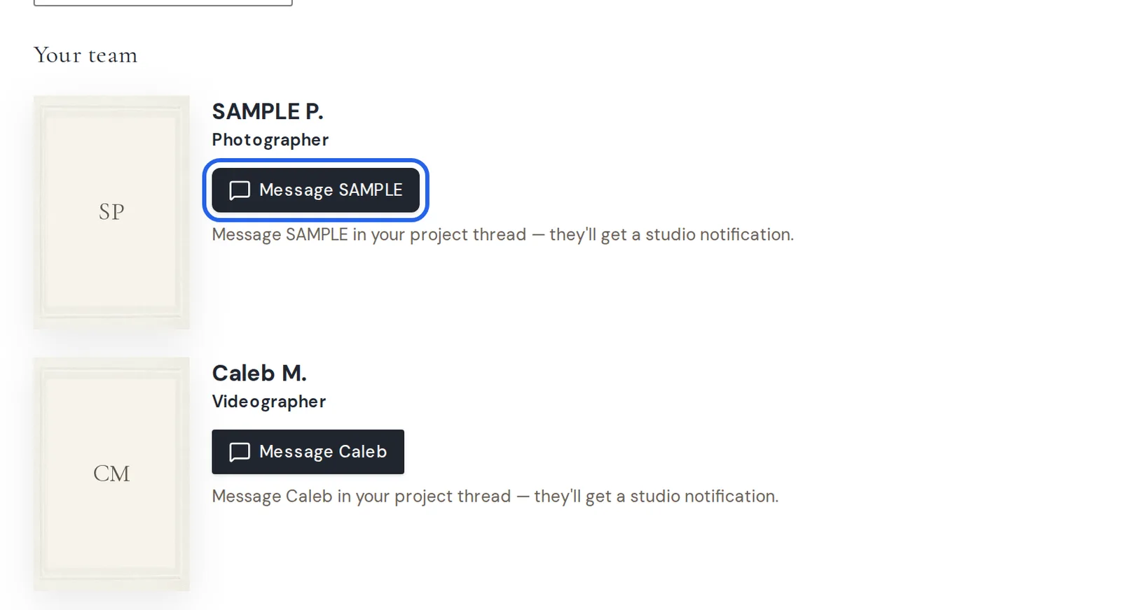 The Your team section of the Home page with Message buttons for the photographer and videographer highlighted