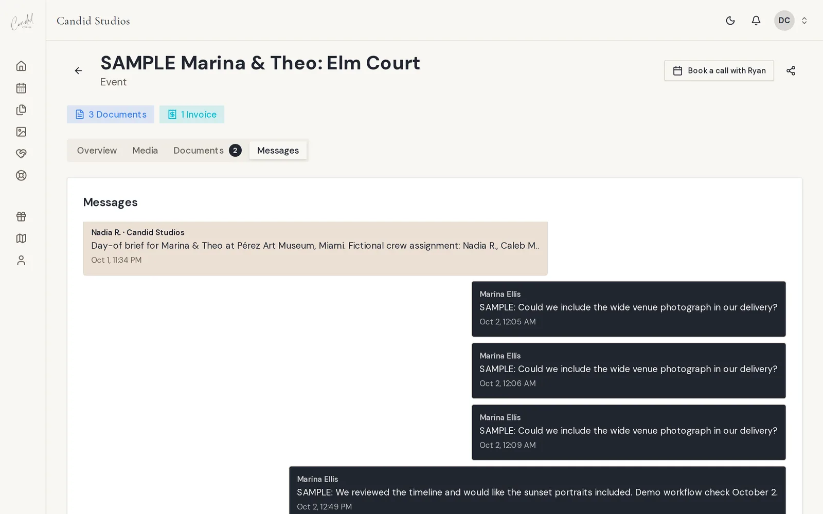 The Messages tab of an event page showing a conversation between the client and the Candid Studios team