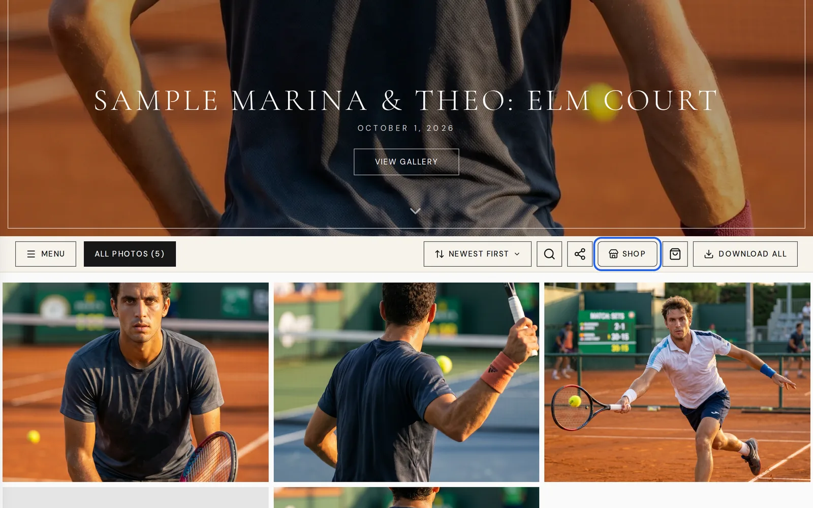 The photo gallery toolbar with Shop highlighted
