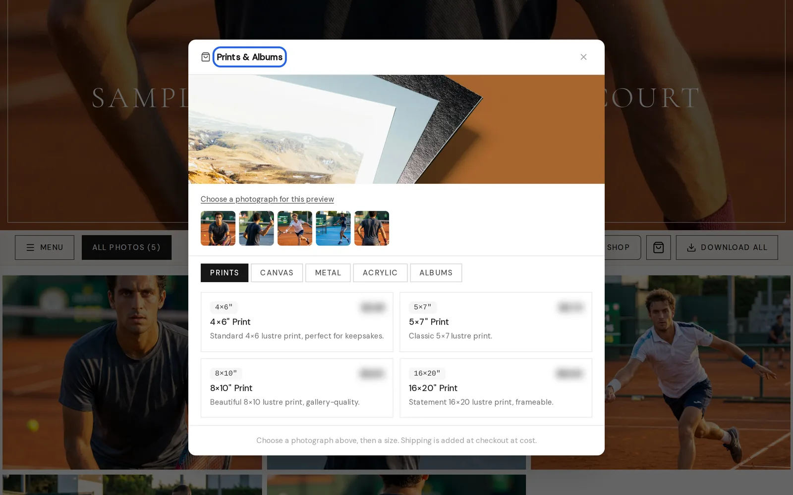 The Prints and Albums window showing product categories and print sizes