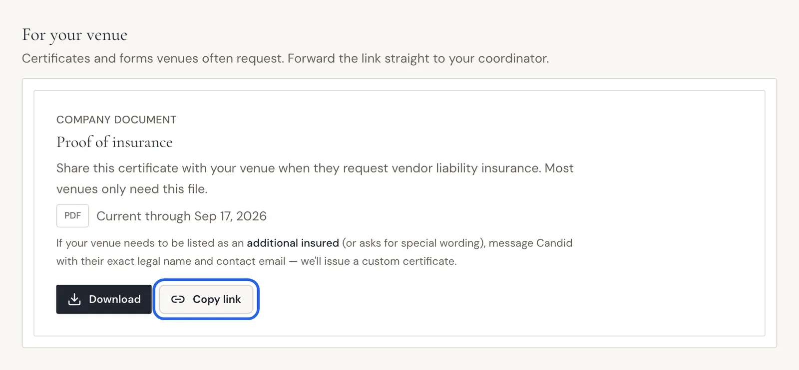 The For your venue section of the Documents page with the Proof of insurance card and its Copy link button highlighted