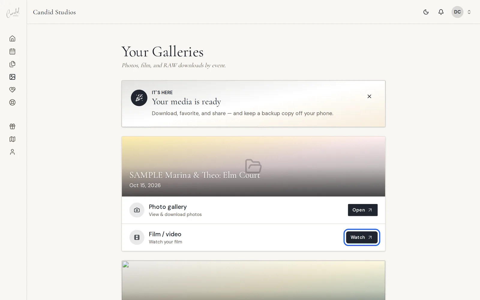 The Galleries page showing the Film / video row with a Watch button highlighted