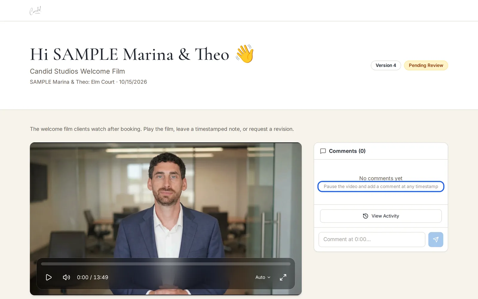 The film review page showing the video player, version number, review status, and an empty Comments panel with instructions to pause and add a comment