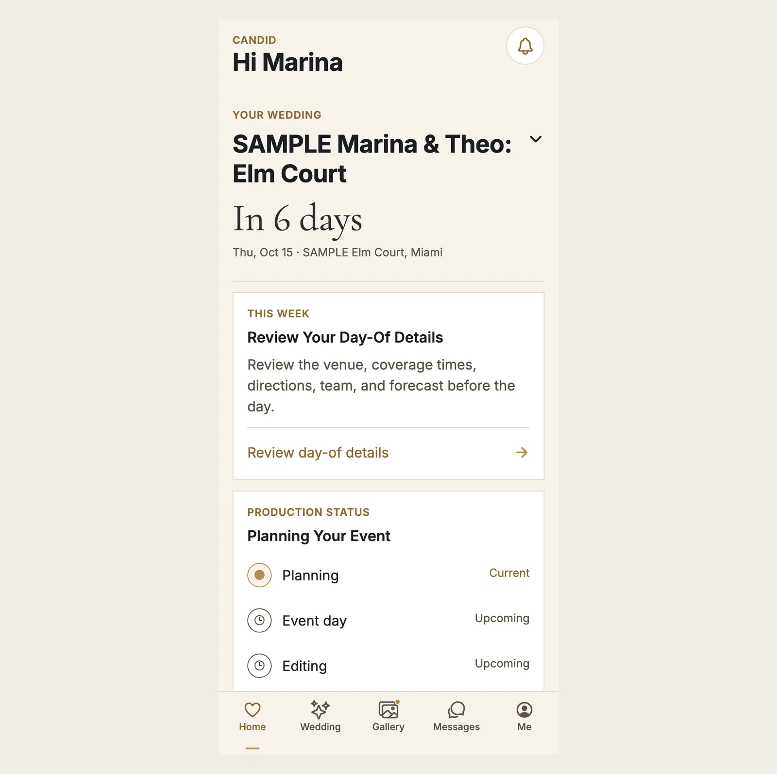 The Home tab of the Candid Studios app showing the event, a This Week card and Production Status