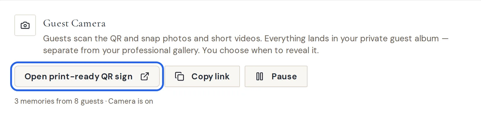 The Guest Camera section of the Event page with Open print-ready QR sign and Copy link buttons highlighted