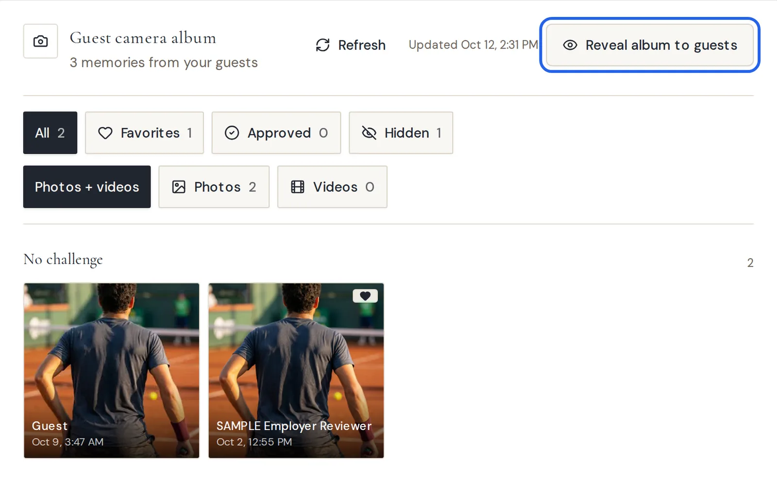 The Guest camera album view with filter options like All, Favorites, Approved, Hidden, Photos and Videos